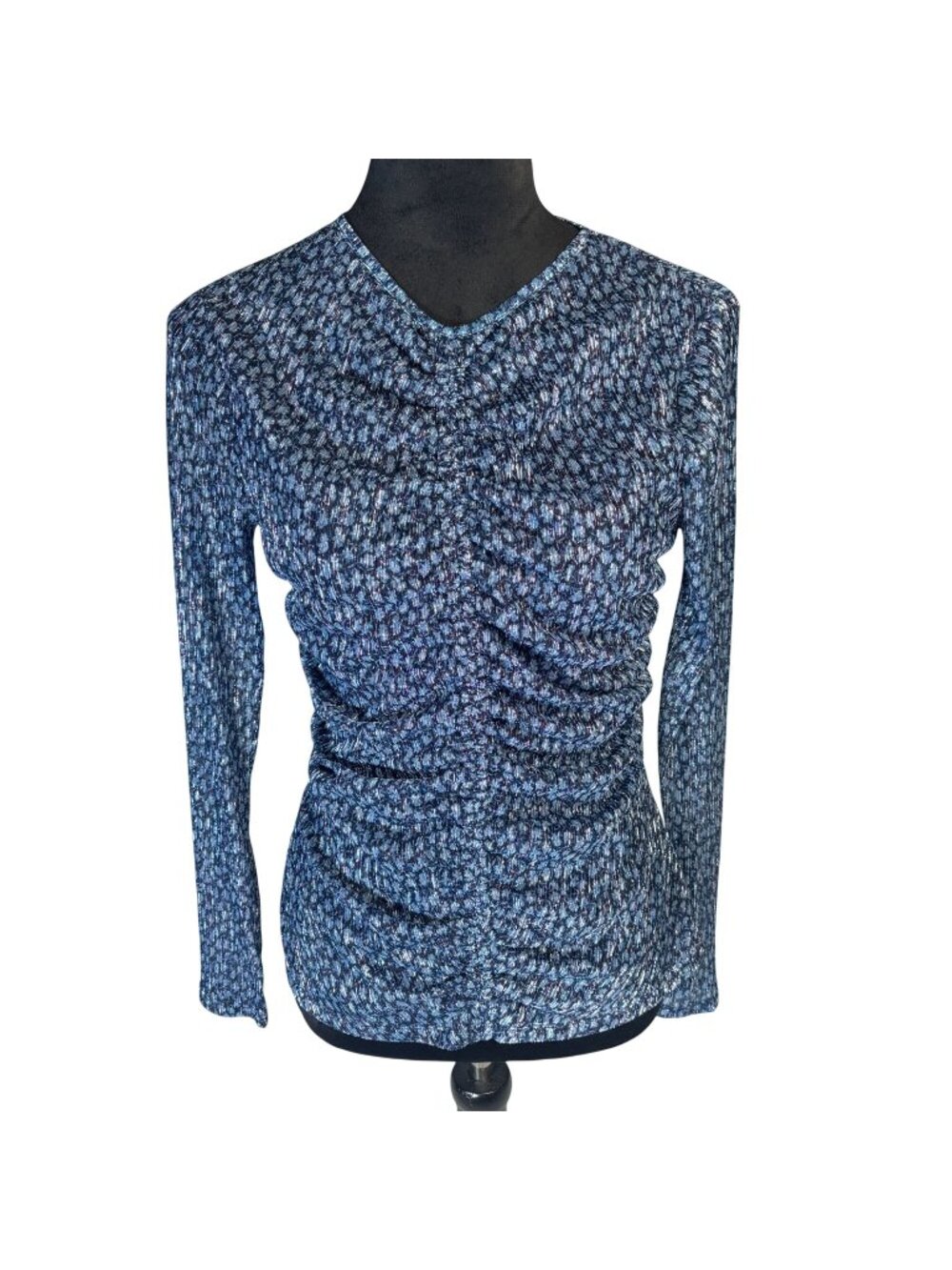 Michael Kors Blue Ruched Front Long Sleeve Top Blouse Size M